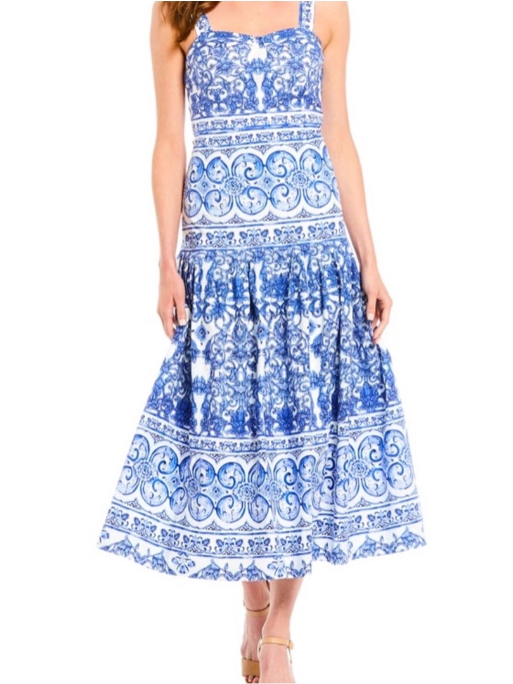 ANTONIO MELANI Blue & White Midi Dress 14 Cotton Blend Grecian Resort Sundress